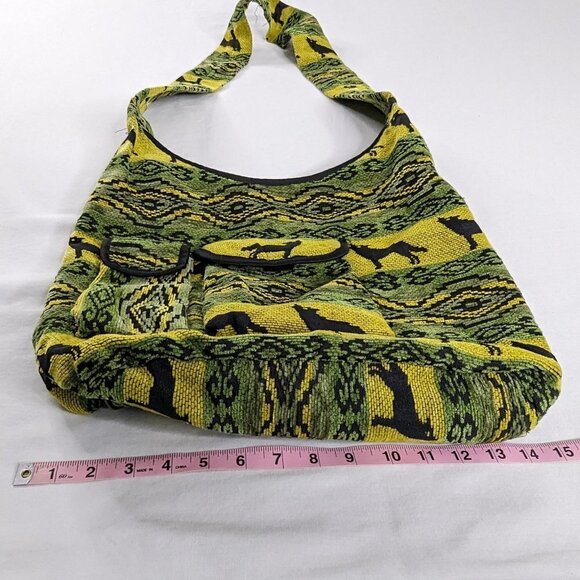Woven Embroidered Black Green Yellow Wolf Hippie Boho Crossbody Bag - Picture 4 of 7